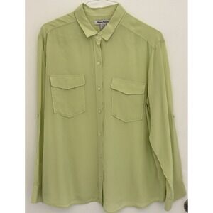 TOMMY BAHAMA Blouse Women's XL Green 100% Silk Button Up Roll-Up Long Sleeves